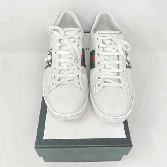 Gucci Ace Web Embellished Spikes & Studs White Leather Lace Up Sneakers EU 38 - Picture 6 of 8